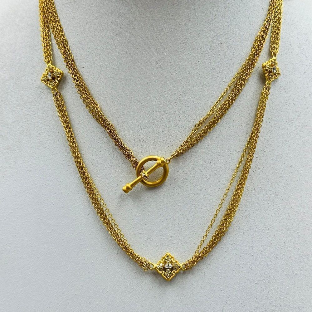 FAS Gold Tone Long Multi Chain Necklace w/Clear Charms . EUC!
